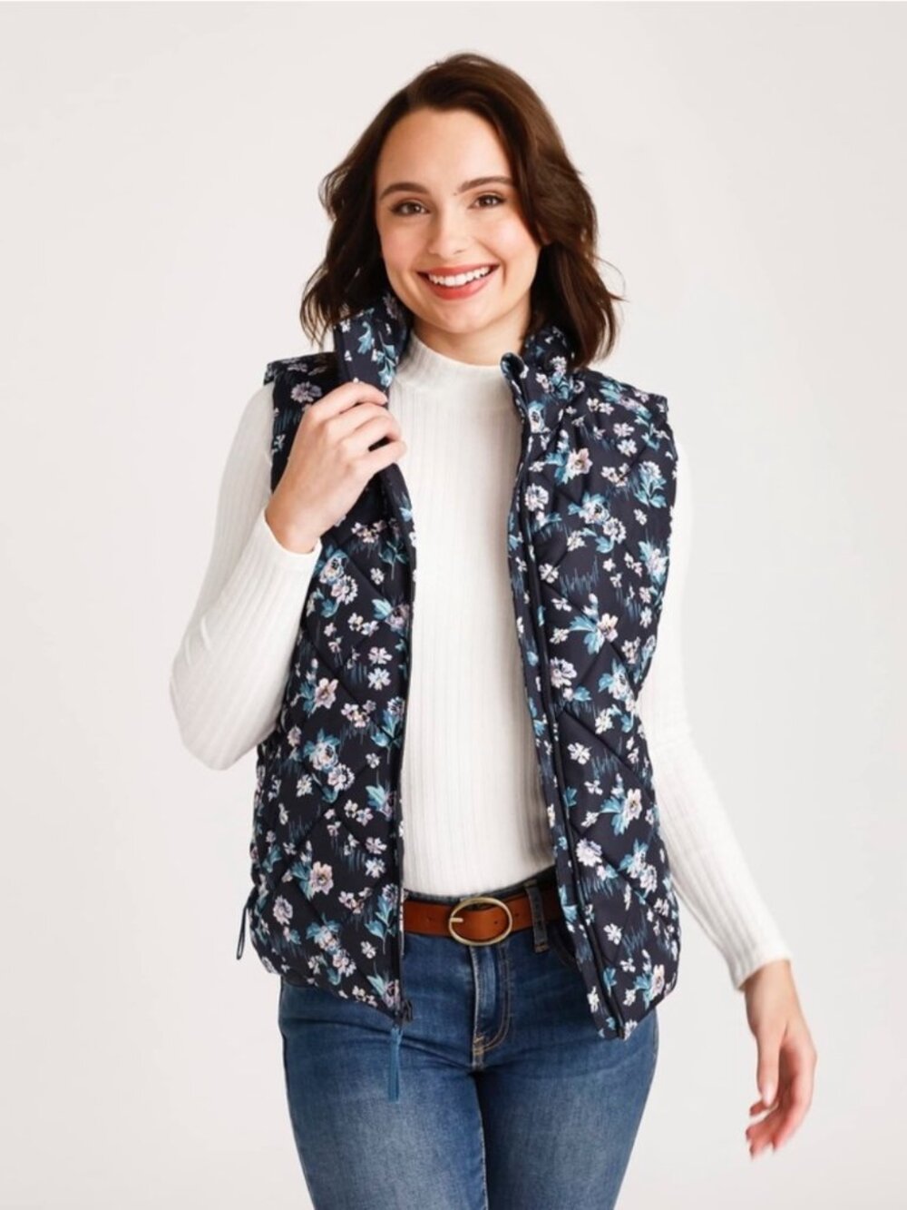 Vera Bradley Floral Quilted Puffer Vest Fleece Lined in Navy Garden Size 2XL